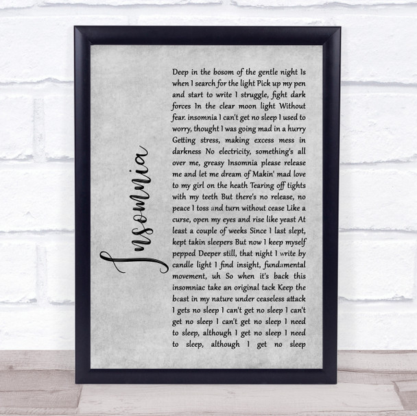 Faithless Insomnia Rustic Script Grey Song Lyric Quote Print