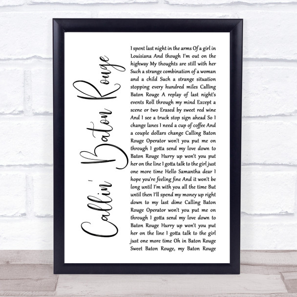 Garth Brooks Callin' Baton Rouge White Script Song Lyric Print