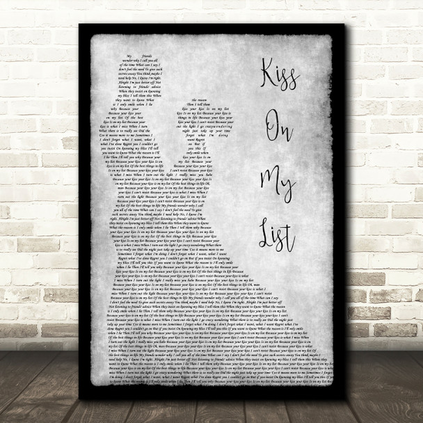 Hall & Oates Kiss On My List Grey Song Lyric Man Lady Dancing Quote Print