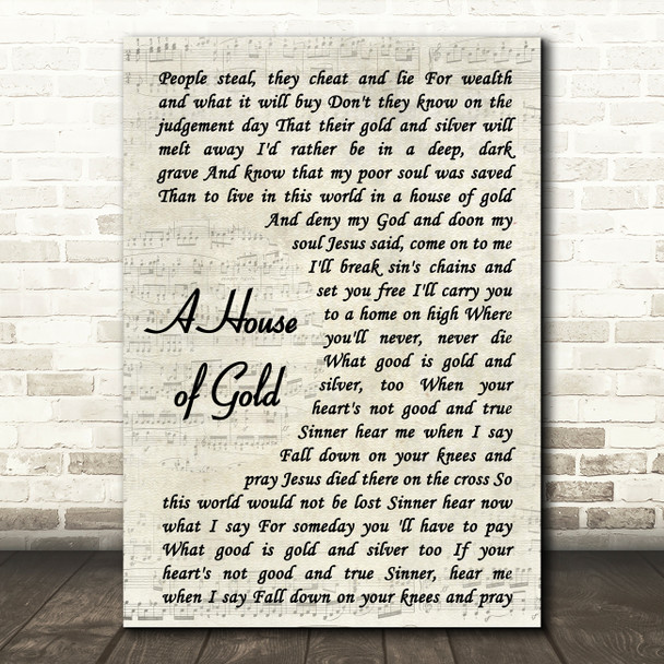 Hank Williams A House of Gold Vintage Script Song Lyric Print