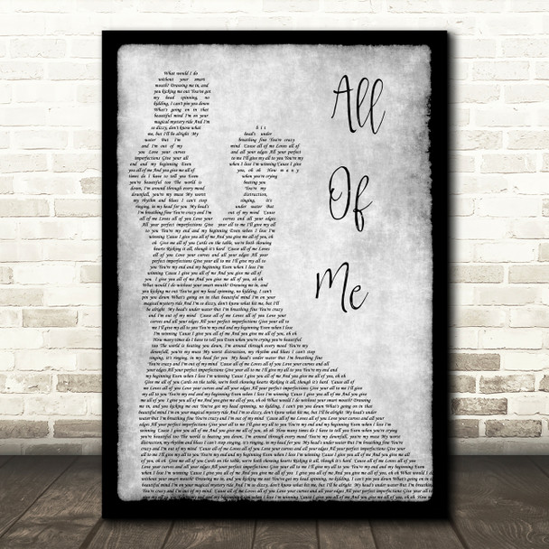 John Legend All Of Me Grey Song Lyric Man Lady Dancing Quote Print