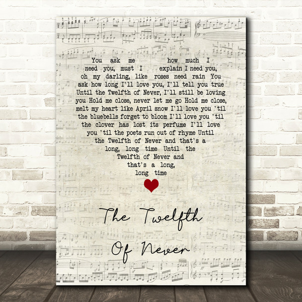 JOHNNY MATHIS The Twelfth Of Never Script Heart Song Lyric Print