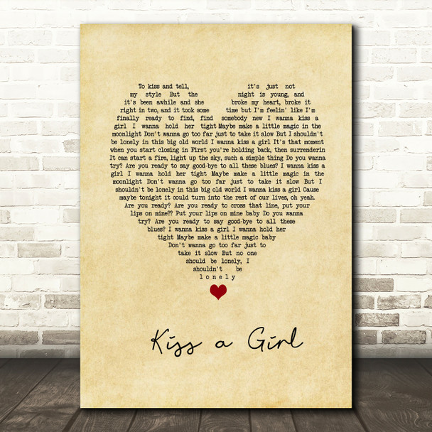 Keith Urban Kiss A Girl] Vintage Heart Song Lyric Print