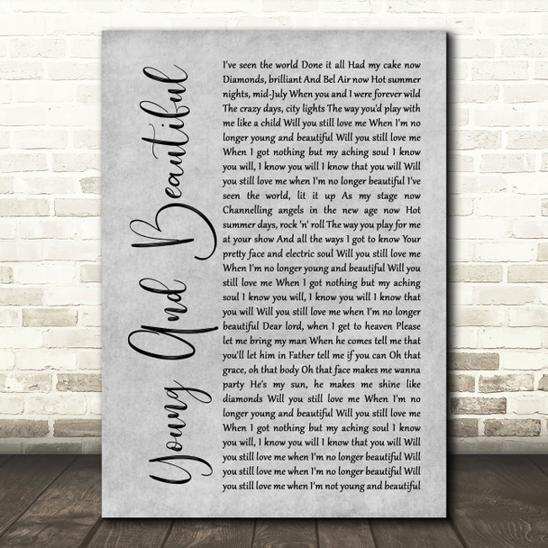 Lana Del Rey Young And Beautiful Rustic Script Grey Song Lyric Print