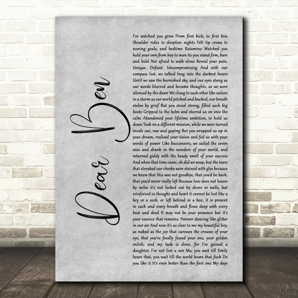 Loyle Carner & Jean Coyle-Larner Dear Ben Rustic Script Grey Song Lyric Print