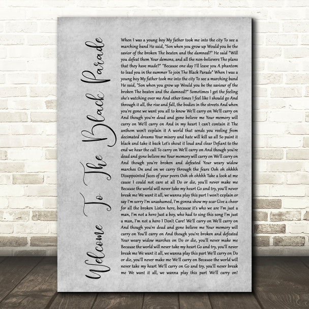 My Chemical Romance Welcome To The Black Parade Rustic Script Grey Song Print