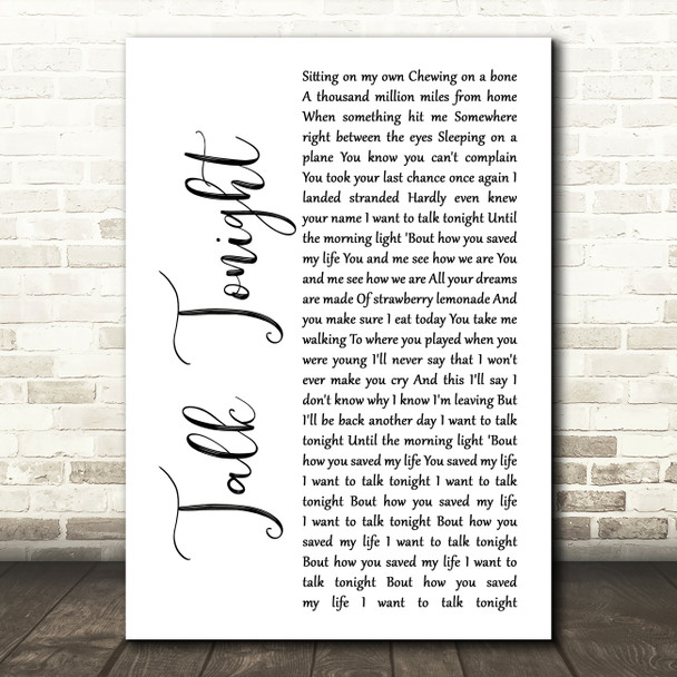 Oasis Talk Tonight White Script Song Lyric Print