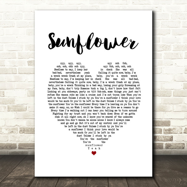 Post Malone, Swae Lee Sunflower White Heart Song Lyric Print