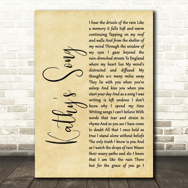 Simon & Garfunkel Kathy's Song Rustic Script Song Lyric Print