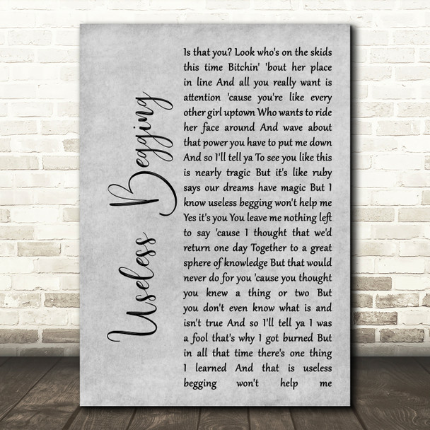 Todd Rundgren Useless Begging Rustic Script Grey Song Lyric Quote Print