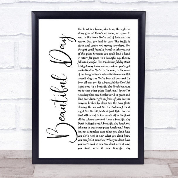 U2 Beautiful Day White Script Song Lyric Print