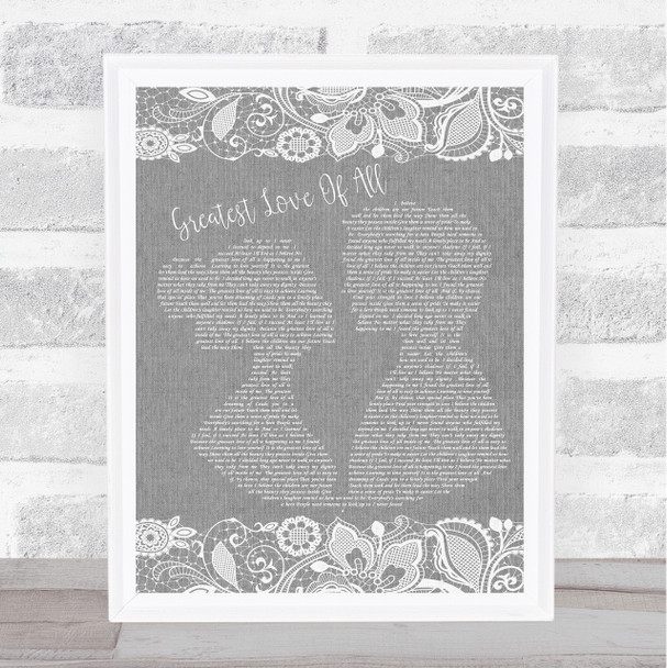 Whitney Houston Greatest Love Of All Burlap & Lace Grey Song Lyric Quote Print