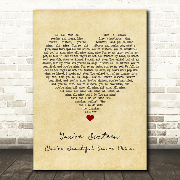 Ringo Starr You're Sixteen (You're Beautiful You're Mine) Vintage Heart Song Lyric Quote Music Print