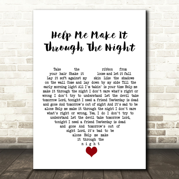 Kris Kristofferson Help Me Make It Through The Night White Heart Song Lyric Quote Music Print