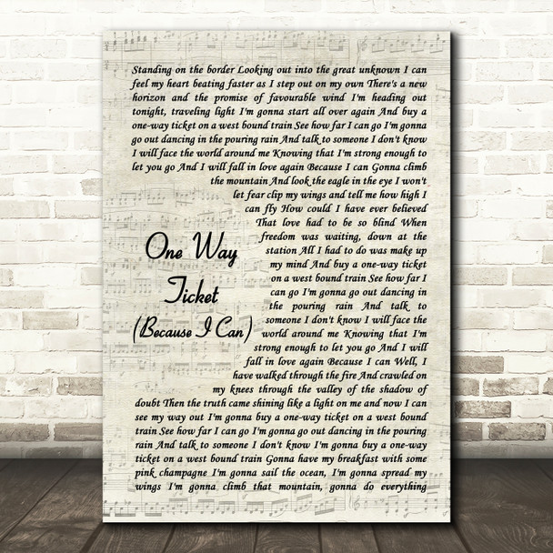 LeAnn Rimes One Way Ticket (Because I Can) Vintage Script Song Lyric Quote Music Print