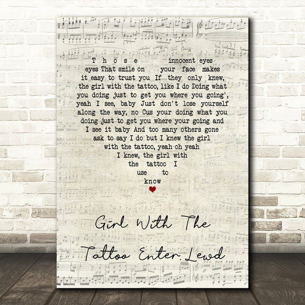 Miguel Girl With The Tattoo Enter.Lewd Script Heart Song Lyric Quote Music Print