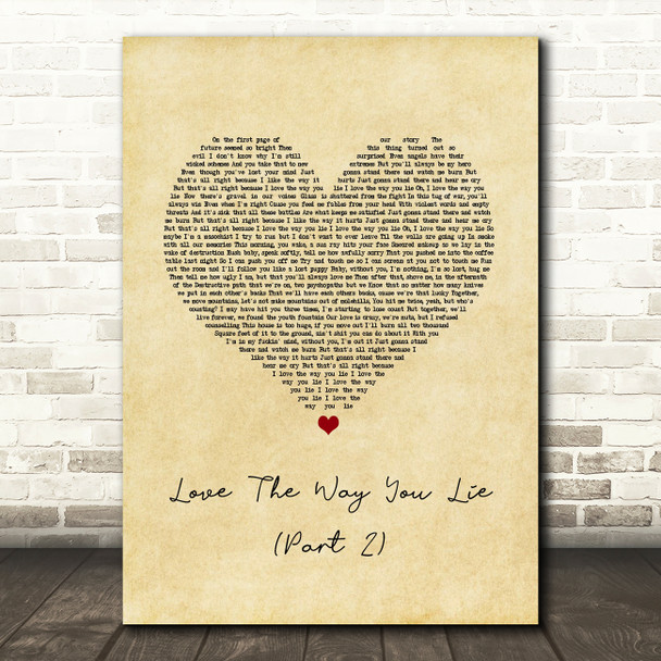 Rihanna ft. Eminem Love The Way You Lie (Part 2) Vintage Heart Song Lyric Quote Music Print