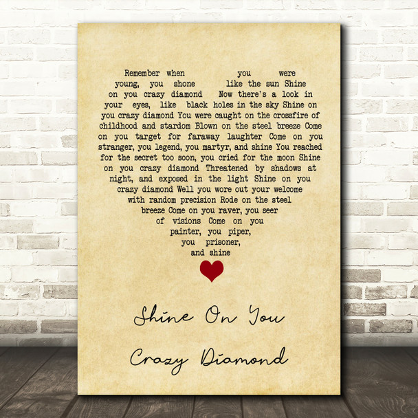 Pink Floyd Shine On You Crazy Diamond Vintage Heart Song Lyric Quote Music Print
