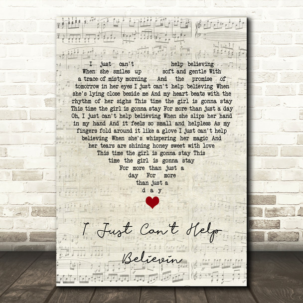 Elvis Presley I Just Can't Help Believin Script Heart Song Lyric Quote Music Print