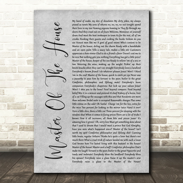 Les Miserables Cast Master Of The House Grey Rustic Script Song Lyric Quote Music Print