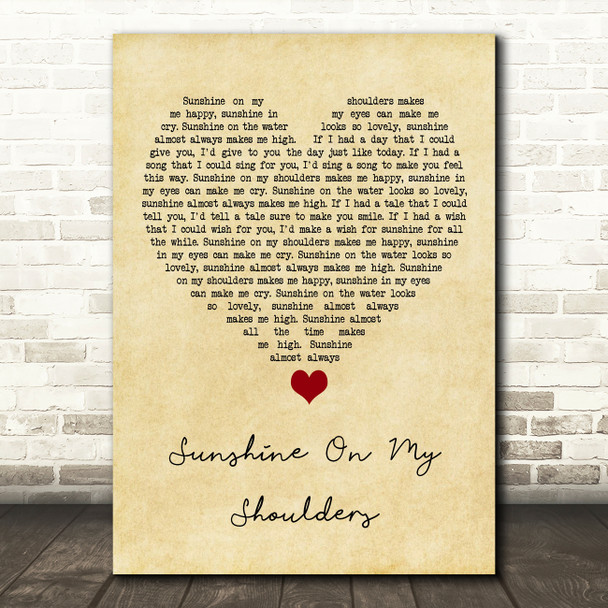 John Denver Sunshine On My Shoulders Vintage Heart Song Lyric Quote Music Print