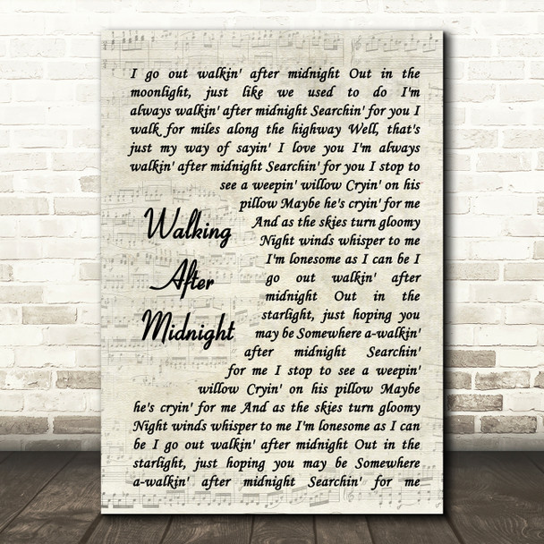 Patsy Cline Walking After Midnight Vintage Script Song Lyric Quote Music Print