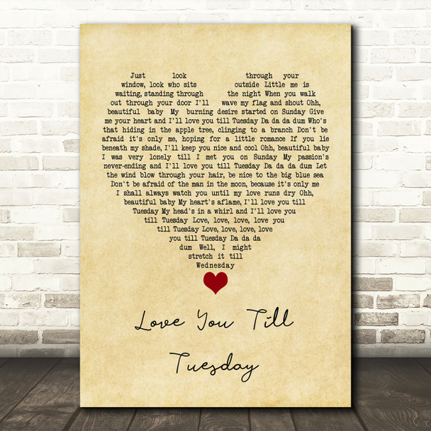 David Bowie Love You Till Tuesday Vintage Heart Song Lyric Quote Music Print
