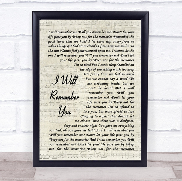 Sarah McLachlan I Will Remember You Vintage Script Song Lyric Quote Music Print