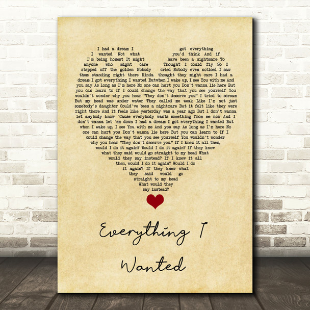 Billie Eilish Everything I Wanted Vintage Heart Song Lyric Quote Music Print