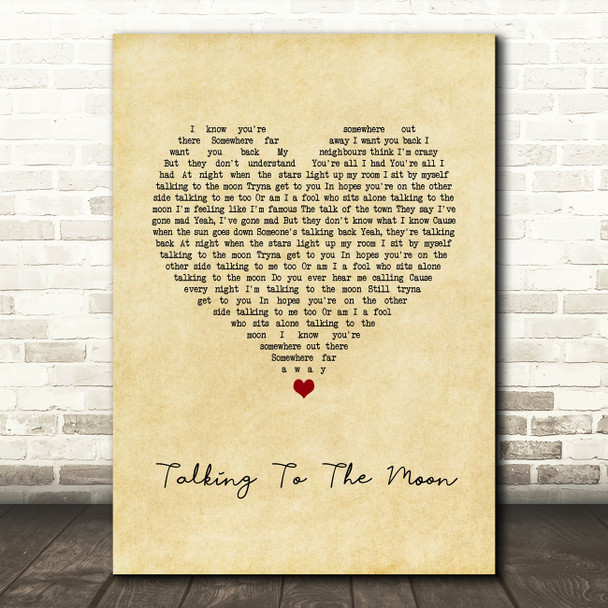 Bruno Mars Talking To The Moon Vintage Heart Song Lyric Quote Music Print