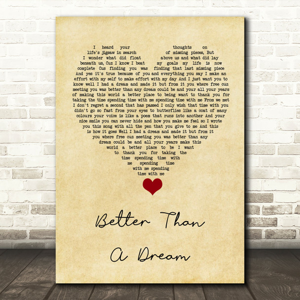 Marty Mone Better Than A Dream Vintage Heart Song Lyric Quote Music Print