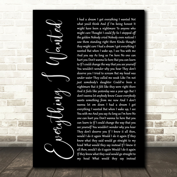 Billie Eilish Everything I Wanted Black Script Song Lyric Quote Music Print
