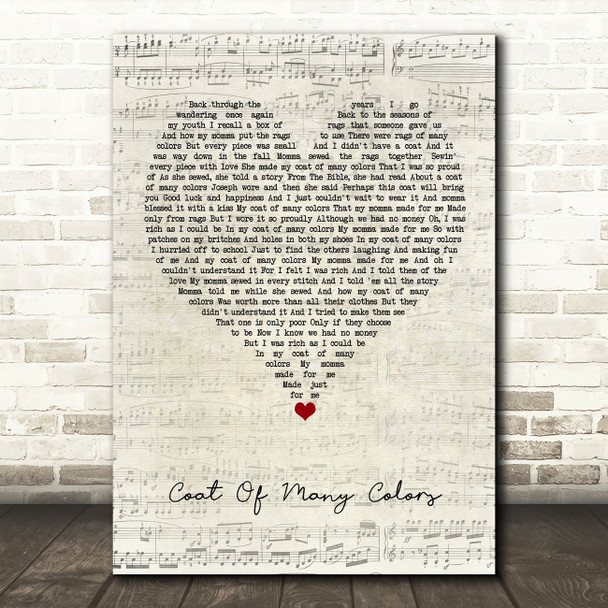 Dolly Parton Coat Of Many Colors Script Heart Song Lyric Quote Music Print