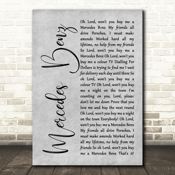 Janis Joplin Mercedes Benz Grey Rustic Script Song Lyric Quote Music Print