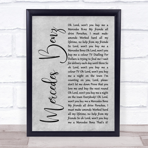 Janis Joplin Mercedes Benz Grey Rustic Script Song Lyric Quote Music Print