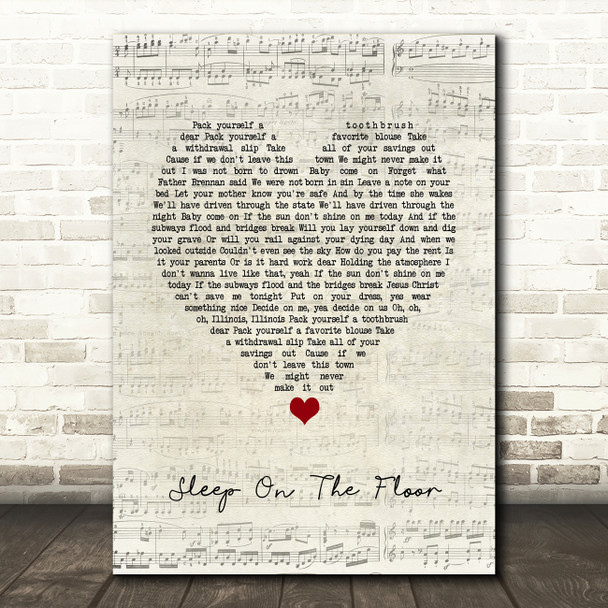 The Lumineers Sleep On The Floor Script Heart Song Lyric Quote Music Print