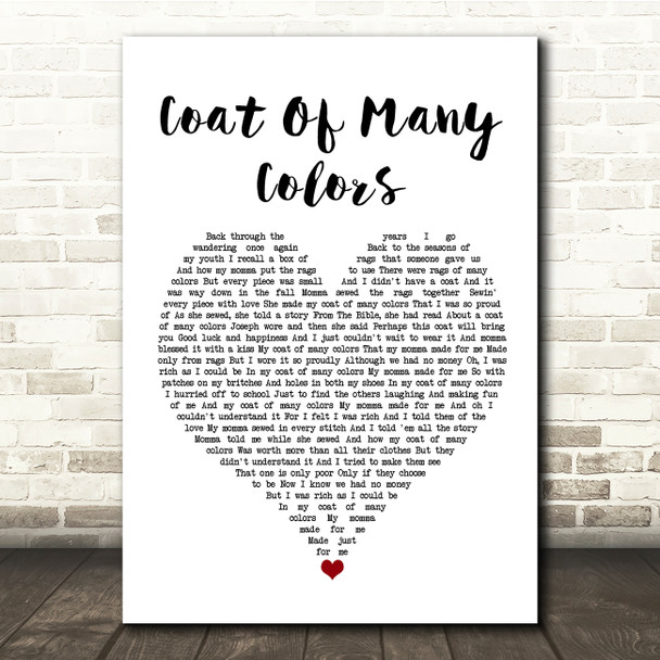 Dolly Parton Coat Of Many Colors White Heart Song Lyric Quote Music Print