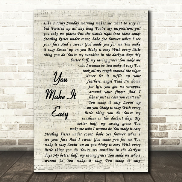 Jason Aldean You Make It Easy Vintage Script Song Lyric Quote Music Print