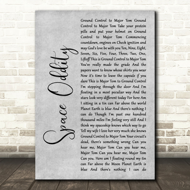David Bowie Space Oddity Grey Rustic Script Song Lyric Quote Music Print