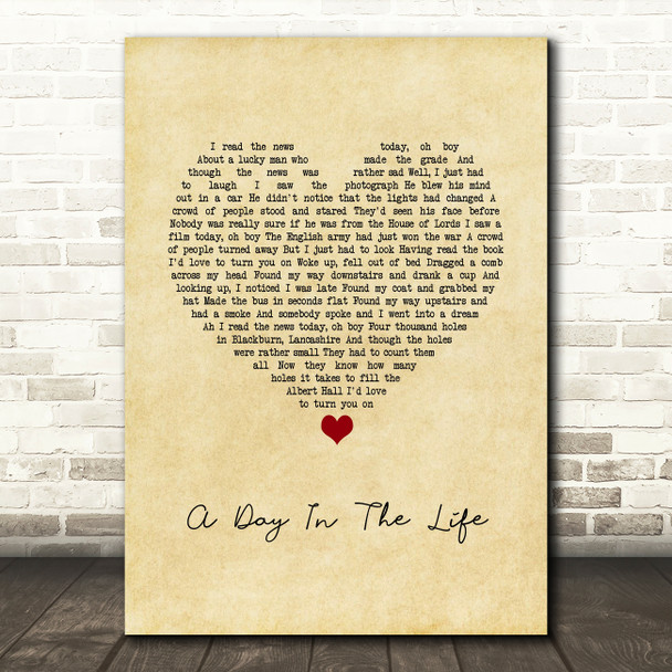 The Beatles A Day In The Life Vintage Heart Song Lyric Quote Music Print