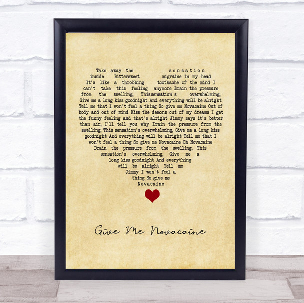 Green Day Give Me Novacaine Vintage Heart Song Lyric Quote Music Print