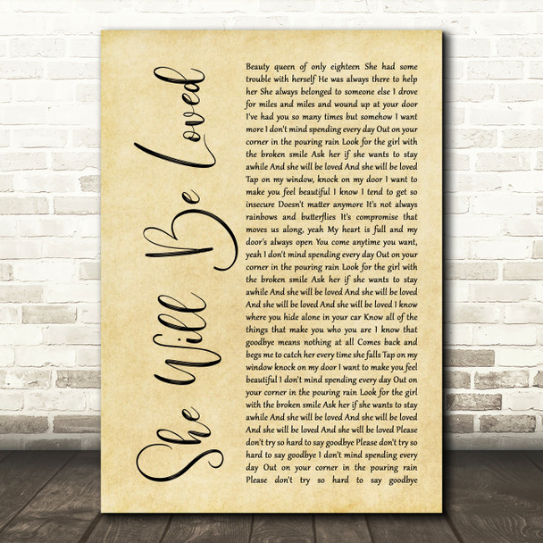 Maroon 5 She Will Be Loved Rustic Script Song Lyric Quote Music Print