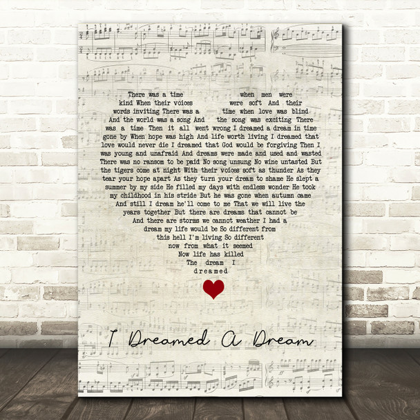 Les Misérables I Dreamed A Dream Script Heart Song Lyric Quote Music Print