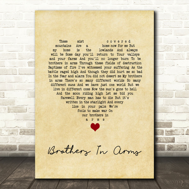 Dire Straits Brothers In Arms Vintage Heart Song Lyric Quote Music Print