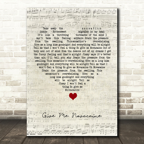 Green Day Give Me Novacaine Script Heart Song Lyric Quote Music Print