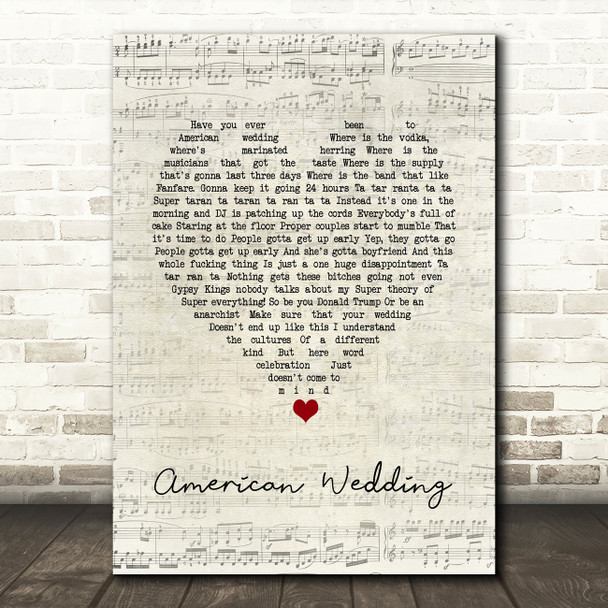 Gogol Bordello American Wedding Script Heart Song Lyric Quote Music Print