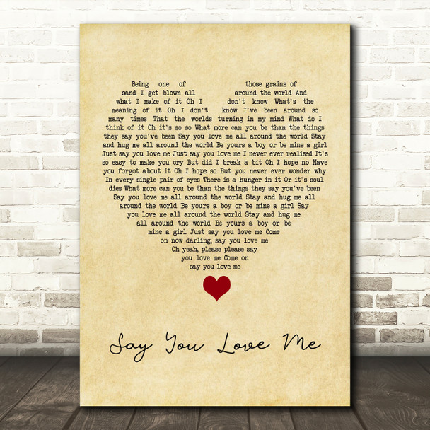 Simply Red Say You Love Me Vintage Heart Song Lyric Quote Music Print