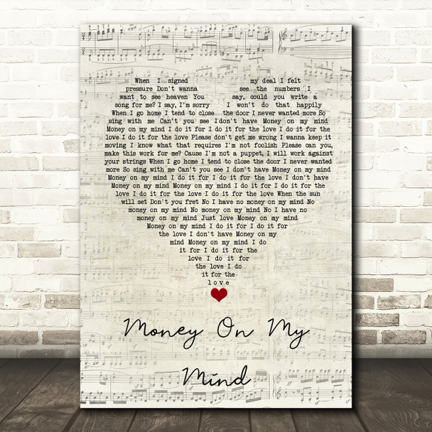 Sam Smith Money On My Mind Script Heart Song Lyric Quote Music Print