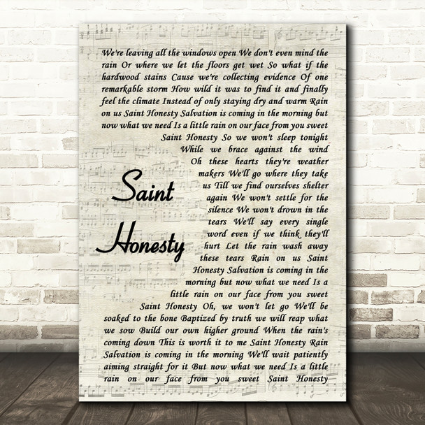 Sara Bareilles Saint Honesty Vintage Script Song Lyric Quote Music Print