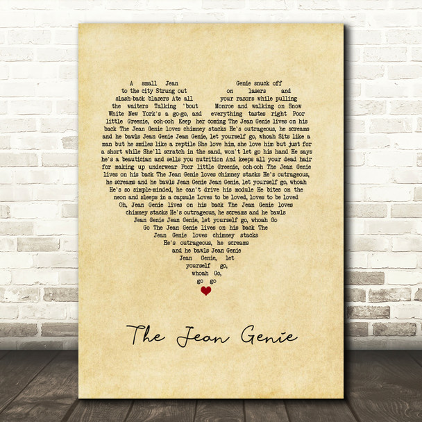 David Bowie The Jean Genie Vintage Heart Song Lyric Quote Music Print